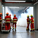 **

A fire drill in a garment factory. Workers are quickly and calmly exiting the building, guided by a fire marshal. Fire extinguishers are visible. Focus on the orderliness and speed of the evacuation.

**