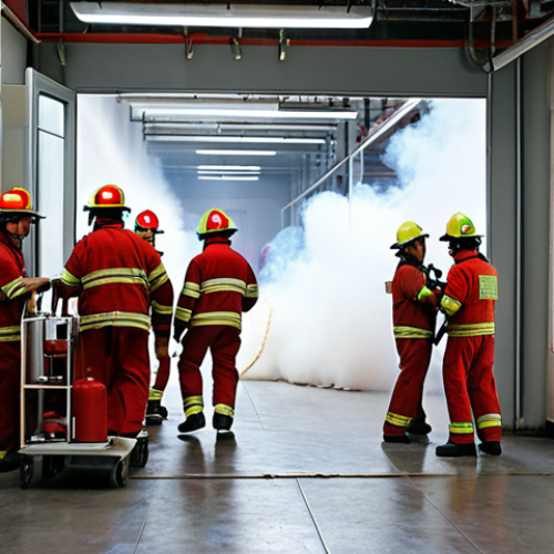 Home 15 **
A fire drill in a garment factory. Workers are quickly and calmly exiting the building, guided by a fire marshal. Fire extinguishers are visible. Focus on the orderliness and speed of the evacuation.
**