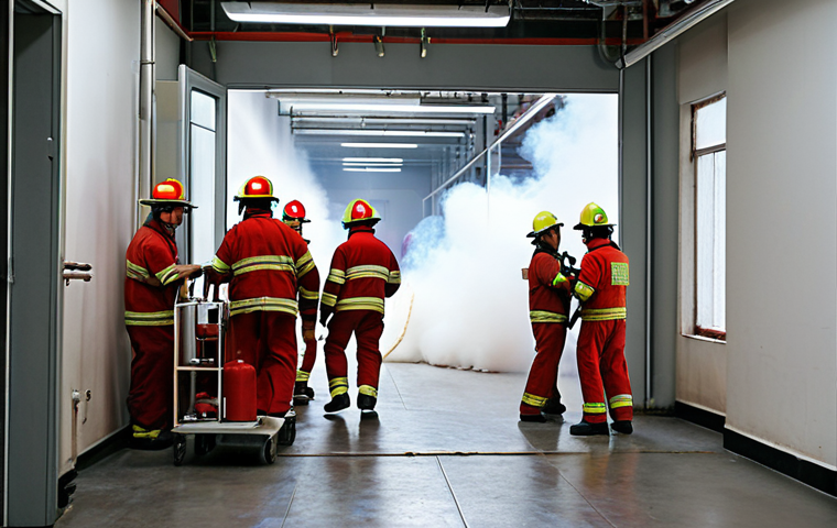 **
A fire drill in a garment factory. Workers are quickly and calmly exiting the building, guided by a fire marshal. Fire extinguishers are visible. Focus on the orderliness and speed of the evacuation.
**