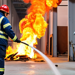 **Image:** A fire safety technician conducting a fire drill in a garment factory, with workers participating and fire extinguishers visible. Focus on the safety and training aspect.