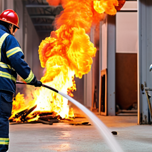 Home 14 **Image:** A fire safety technician conducting a fire drill in a garment factory, with workers participating and fire extinguishers visible. Focus on the safety and training aspect.