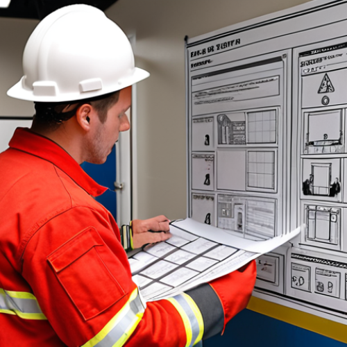 Home 7 **
A fire safety technician assessing a building for fire hazards, reviewing blueprints, and using a checklist.
**