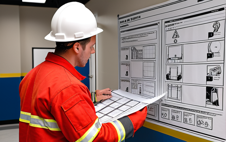**
A fire safety technician assessing a building for fire hazards, reviewing blueprints, and using a checklist.
**
