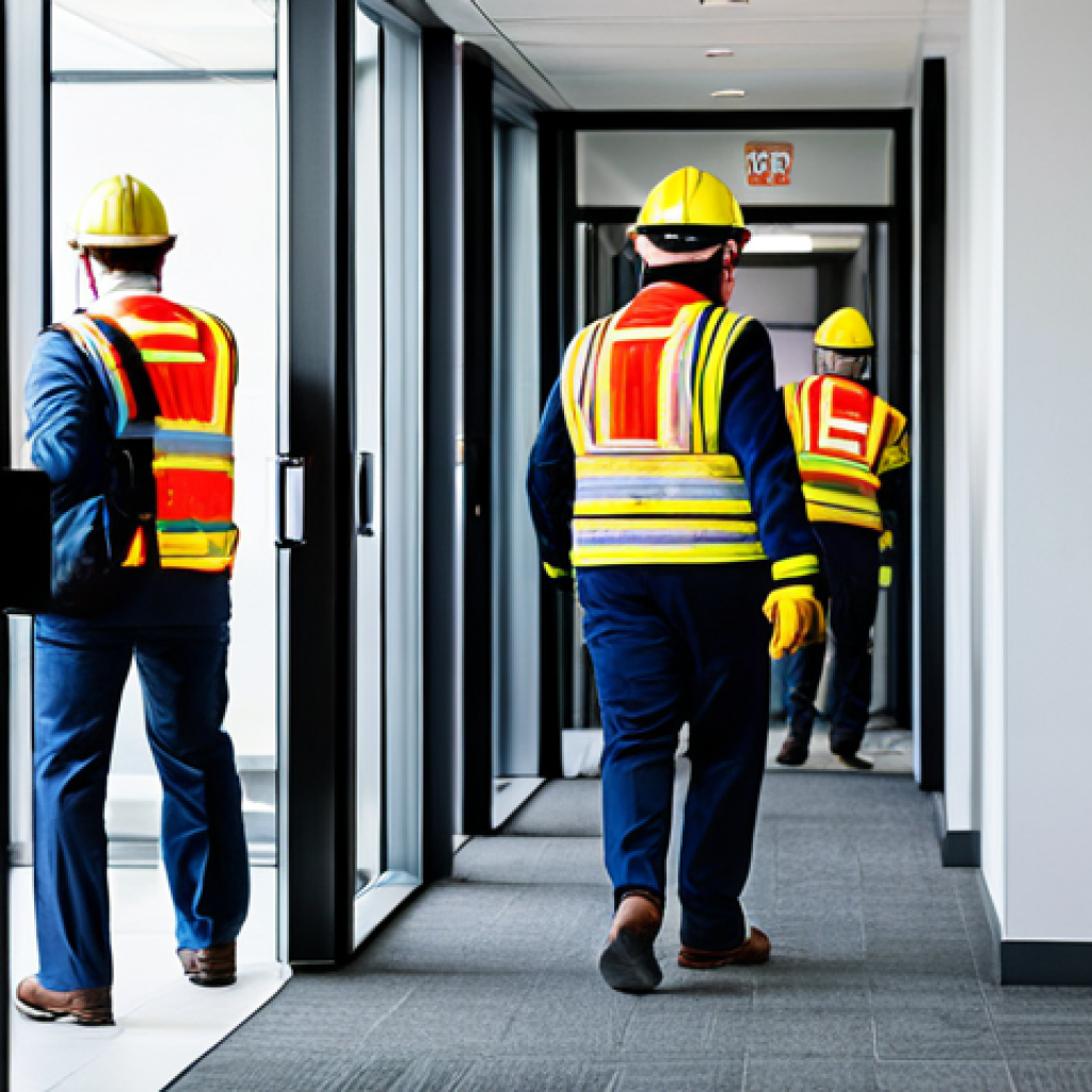 **

A diverse team of employees participating in a fire drill in a modern office building. They are fully clothed in professional attire, calmly exiting the building following emergency exit signs. Fire safety personnel in high-visibility vests are guiding them. The scene emphasizes orderly evacuation and preparedness. Safe for work, appropriate content, fully clothed, professional, family-friendly, perfect anatomy, correct proportions, natural pose.

**