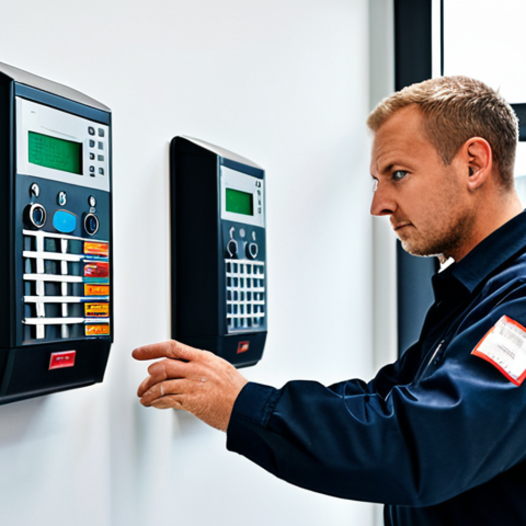 **

A professional Fire Safety Management Technician, fully clothed in appropriate attire, inspecting a building's fire alarm system. The environment is a modern office building with visible fire safety equipment. Perfect anatomy, correct proportions, natural pose, well-formed hands, proper finger count. Safe for work, appropriate content, professional, modest, family-friendly. High quality, professional photography.

**