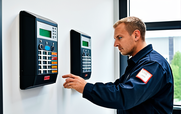**

A professional Fire Safety Management Technician, fully clothed in appropriate attire, inspecting a building's fire alarm system. The environment is a modern office building with visible fire safety equipment. Perfect anatomy, correct proportions, natural pose, well-formed hands, proper finger count. Safe for work, appropriate content, professional, modest, family-friendly. High quality, professional photography.

**
