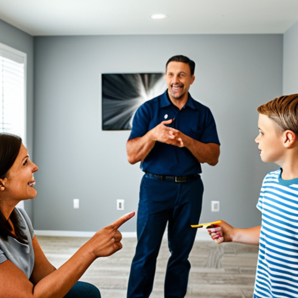 **

A family-friendly scene depicting a mother and father teaching their children about fire safety in a modest, modern home. They are pointing to a fire extinguisher and a smoke detector. The scene emphasizes escape routes and a family emergency plan. The family is fully clothed in appropriate attire. Background includes a visible emergency exit plan on the wall. Safe for work, appropriate content, professional, perfect anatomy, natural proportions, well-formed hands.

**