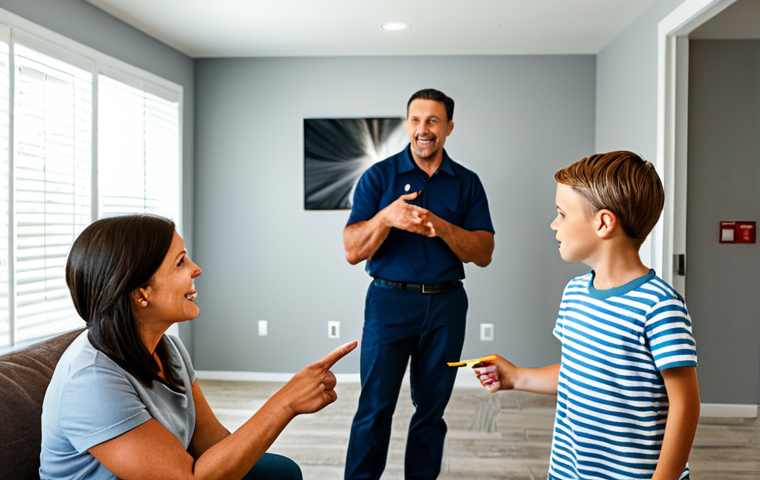 **

A family-friendly scene depicting a mother and father teaching their children about fire safety in a modest, modern home. They are pointing to a fire extinguisher and a smoke detector. The scene emphasizes escape routes and a family emergency plan. The family is fully clothed in appropriate attire. Background includes a visible emergency exit plan on the wall. Safe for work, appropriate content, professional, perfect anatomy, natural proportions, well-formed hands.

**