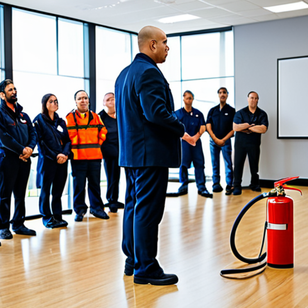 Fire Safety Training Session**

A professional fire safety technician conducting a training session for office workers, demonstrating the proper use of a fire extinguisher, indoors, fully clothed, appropriate attire, safe for work, perfect anatomy, natural proportions, professional, educational setting, well-lit, diverse group of participants, modest clothing.

**