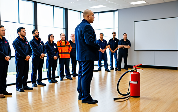 Fire Safety Training Session**

A professional fire safety technician conducting a training session for office workers, demonstrating the proper use of a fire extinguisher, indoors, fully clothed, appropriate attire, safe for work, perfect anatomy, natural proportions, professional, educational setting, well-lit, diverse group of participants, modest clothing.

**
