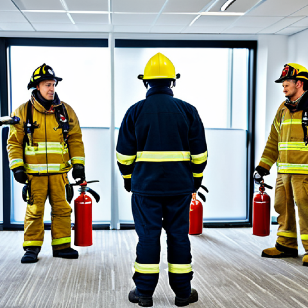 **

"A professional firefighter, fully clothed in protective gear, demonstrating the correct use of a fire extinguisher to a group of office workers in a modern office setting. Everyone is attentive and engaged. Safe for work, appropriate content, professional training environment, well-lit, perfect anatomy, high quality."

**