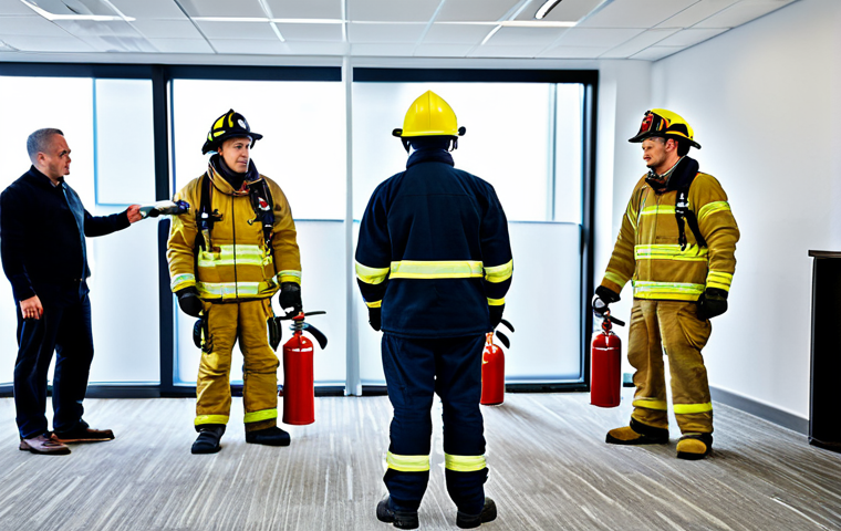 **

"A professional firefighter, fully clothed in protective gear, demonstrating the correct use of a fire extinguisher to a group of office workers in a modern office setting. Everyone is attentive and engaged. Safe for work, appropriate content, professional training environment, well-lit, perfect anatomy, high quality."

**