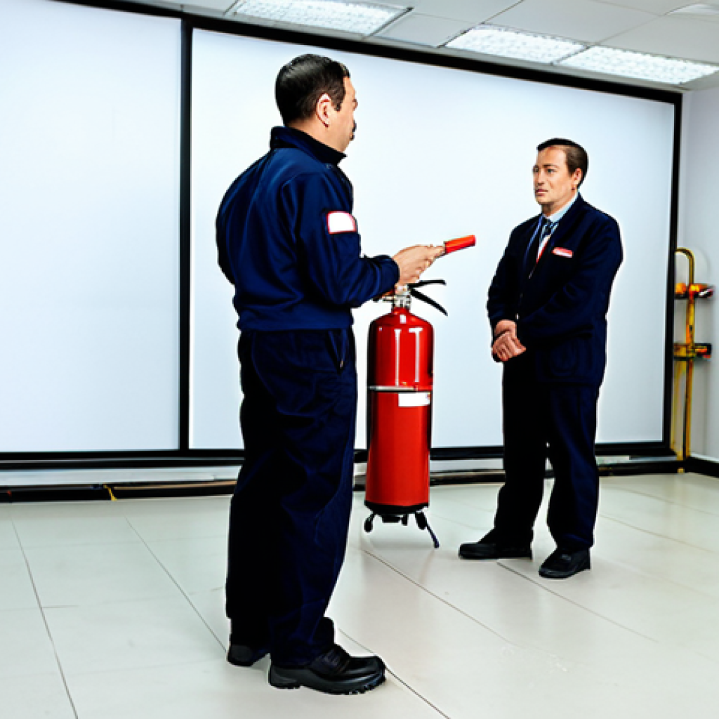 Fire Safety Training Session**

"A professional fire safety instructor, fully clothed in appropriate attire, demonstrating the use of a fire extinguisher to a group of factory workers in a clean, well-lit training room. Safe for work, appropriate content, professional, modest, family-friendly. Perfect anatomy, correct proportions, natural pose, well-formed hands, proper finger count, natural body proportions, high quality."

**