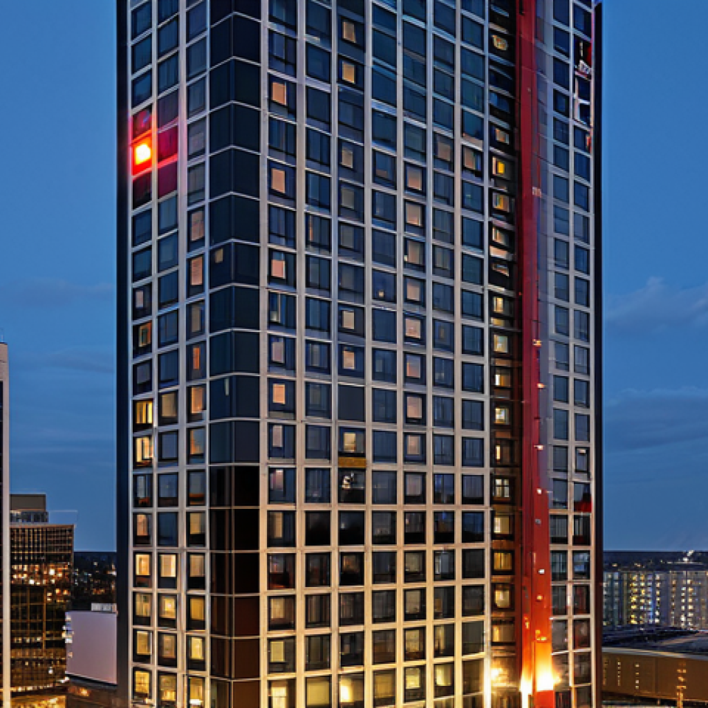 Modern High-Rise Fire Safety**

A modern, glass high-rise building at dusk, showcasing advanced fire safety systems: automatic sprinklers activating, illuminated emergency exit signs, and firefighters responding with modern equipment. Include architectural details highlighting fire-resistant materials. Safe for work, appropriate content, fully clothed firefighters, professional, focus on structural engineering and technology. Perfect anatomy, correct proportions, natural pose.

**