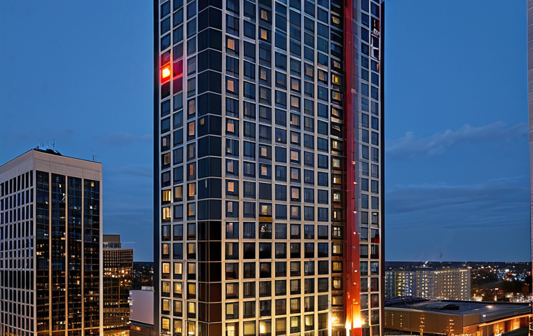 Modern High-Rise Fire Safety**

A modern, glass high-rise building at dusk, showcasing advanced fire safety systems: automatic sprinklers activating, illuminated emergency exit signs, and firefighters responding with modern equipment. Include architectural details highlighting fire-resistant materials. Safe for work, appropriate content, fully clothed firefighters, professional, focus on structural engineering and technology. Perfect anatomy, correct proportions, natural pose.

**