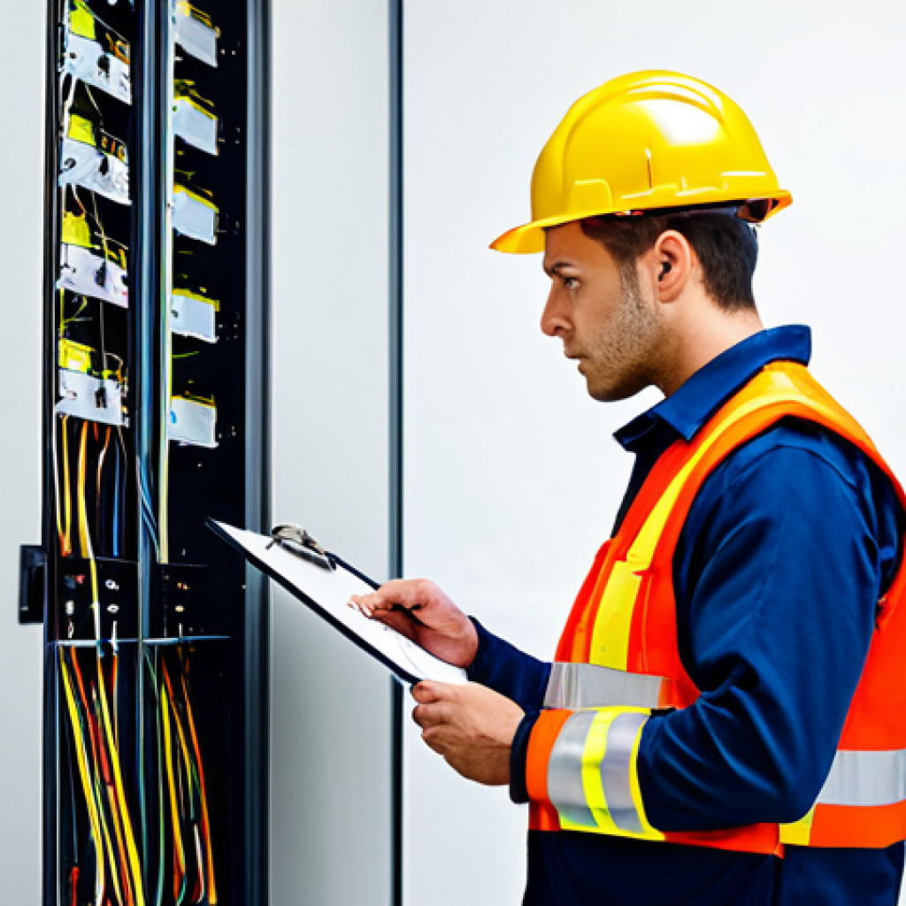 **

A professional-looking Fire Safety Management Technician, fully clothed in appropriate work attire (uniform or safety vest), inspecting a commercial building's electrical panel with a clipboard. The background should be a well-lit, modern office environment. Ensure perfect anatomy, correct proportions, and a natural pose. safe for work, appropriate content, professional.

**