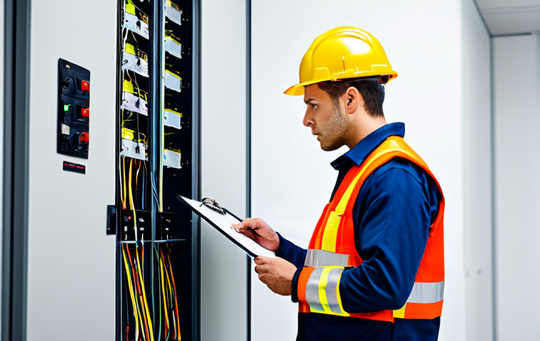 **

A professional-looking Fire Safety Management Technician, fully clothed in appropriate work attire (uniform or safety vest), inspecting a commercial building's electrical panel with a clipboard. The background should be a well-lit, modern office environment. Ensure perfect anatomy, correct proportions, and a natural pose. safe for work, appropriate content, professional.

**