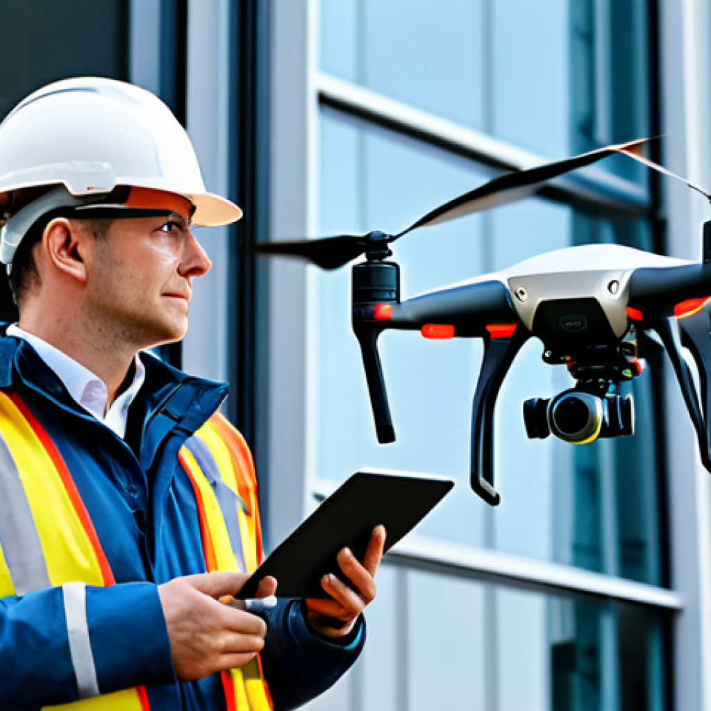 **Prompt:** "Building safety engineer using a drone to inspect a modern building facade, fully clothed, professional attire, well-lit, safe for work, demonstrating technological advancement in construction inspection."