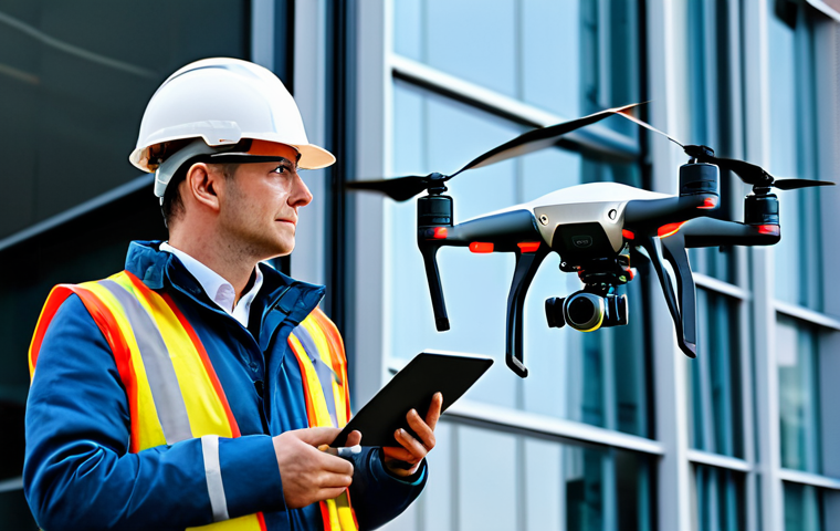 **Prompt:** "Building safety engineer using a drone to inspect a modern building facade, fully clothed, professional attire, well-lit, safe for work, demonstrating technological advancement in construction inspection."