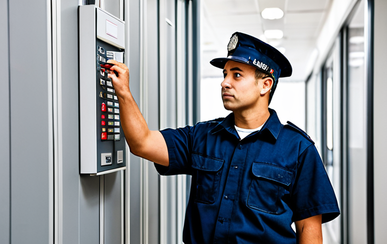 화재안전관리기술자 연봉 협상 사례 - **Prompt:** A professional fire safety technician in a fully clothed, modest uniform, inspecting a f...