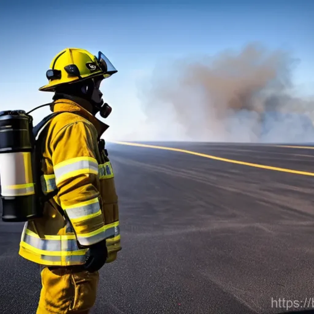 화재안전관리 실무와 관련된 최신 기술 동향 - **Left Side (Real-world scenario):** A firefighter, fully equipped in modern, protective gear (helme...