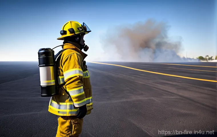 화재안전관리 실무와 관련된 최신 기술 동향 - **Left Side (Real-world scenario):** A firefighter, fully equipped in modern, protective gear (helme...