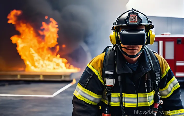 화재안전관리 실무와 관련된 최신 기술 동향 - **Left Side (Real-world scenario):** A firefighter, fully equipped in modern, protective gear (helme...