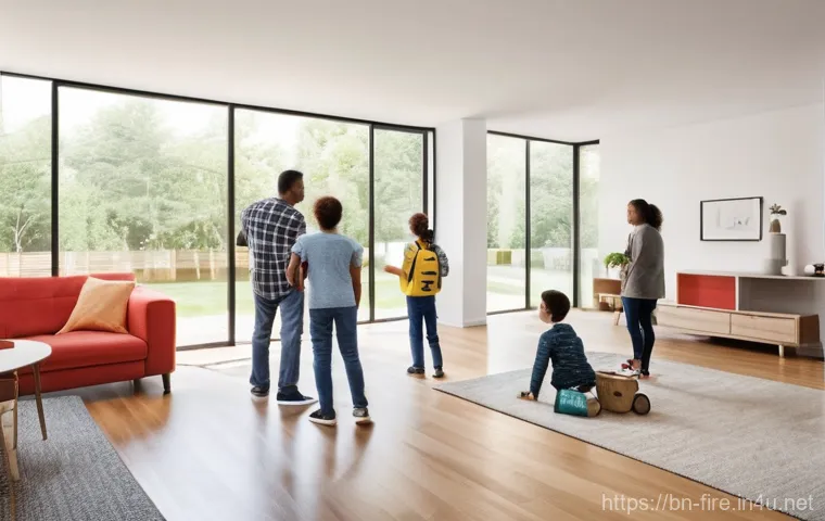 화재안전관리 실무에서의 문제점 및 해결책 - **Prompt:** A diverse family, including parents and two children (around 6 and 10 years old), is gat...