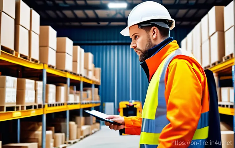 화재안전관리 업무 보고서 작성 가이드 - **Prompt 1: Diligent Fire Safety Inspection in an Industrial Setting**
    "A wide-angle, realistic ...