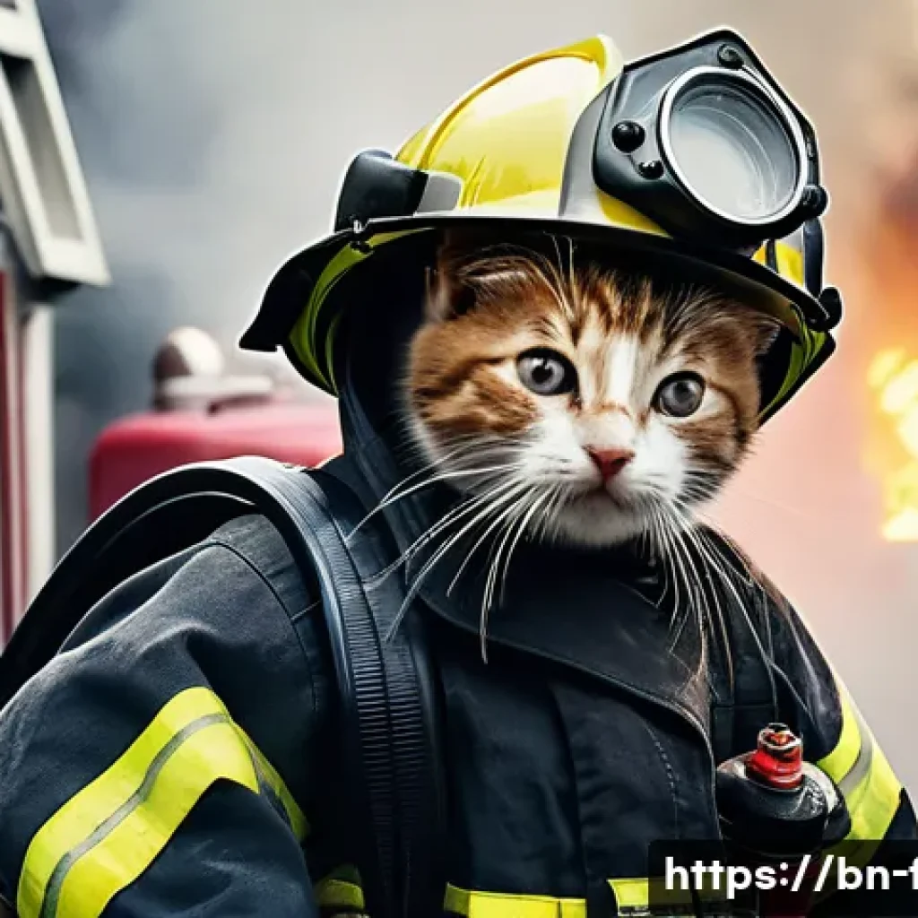 화재안전관리 기술자 시험 공부시간 분배법 - "A firefighter in full protective gear, including a helmet and oxygen mask, rescuing a kitten from a...
