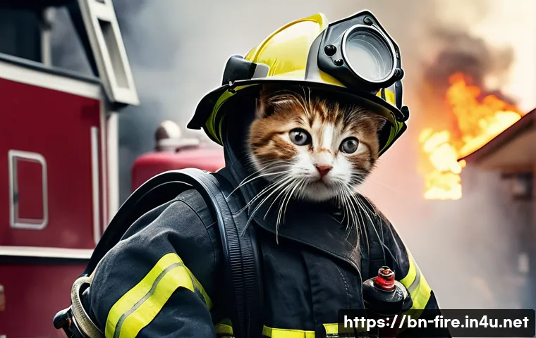 화재안전관리 기술자 시험 공부시간 분배법 - "A firefighter in full protective gear, including a helmet and oxygen mask, rescuing a kitten from a...