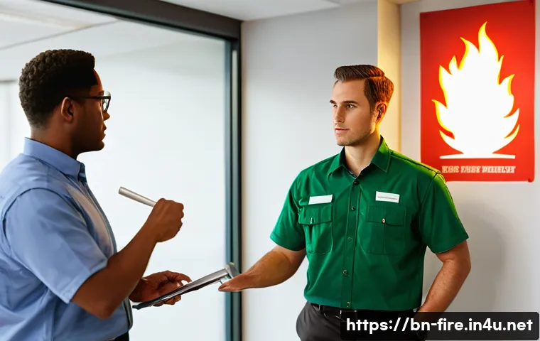 화재안전관리기술자와 건축소방설계자의 협업 - **Prompt 1: Fire Safety Training in a Modern Office**
    A diverse group of five adults, three wome...