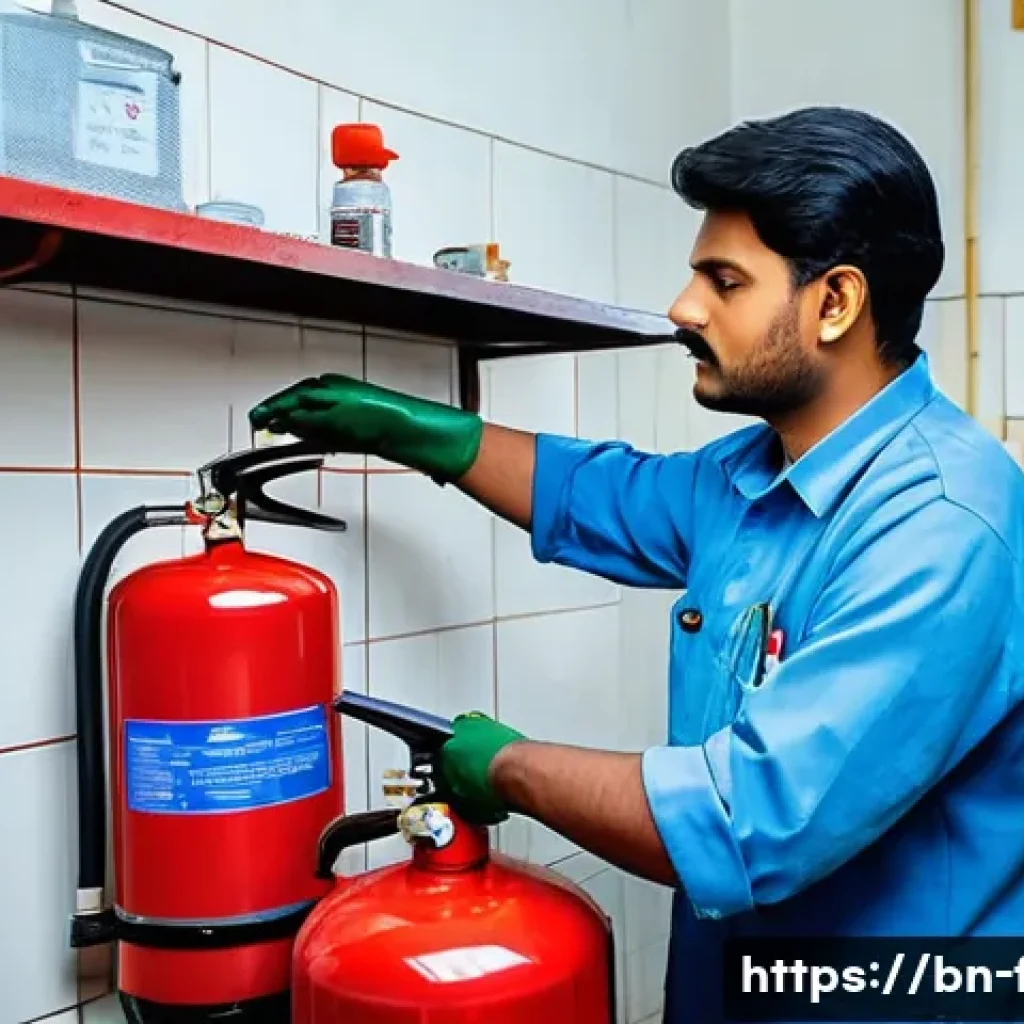 화재안전관리 기술자의 1년 업무 계획 세우기 - A detailed scene of a Bengali fire safety technician in a clean, well-lit industrial kitchen perform...