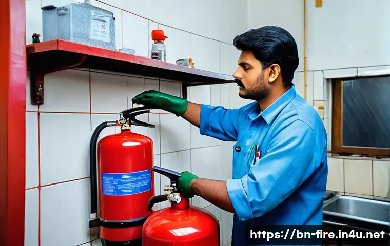 화재안전관리 기술자의 1년 업무 계획 세우기 - A detailed scene of a Bengali fire safety technician in a clean, well-lit industrial kitchen perform...