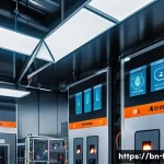 화재안전관리 직무에서의 성과 평가 전략 - A high-tech industrial factory interior scene showing smart fire safety sensors and IoT devices inst...