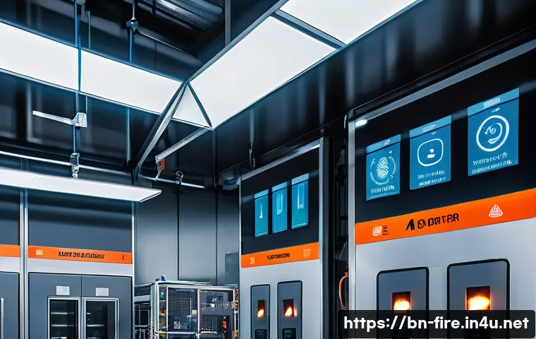 화재안전관리 직무에서의 성과 평가 전략 - A high-tech industrial factory interior scene showing smart fire safety sensors and IoT devices inst...