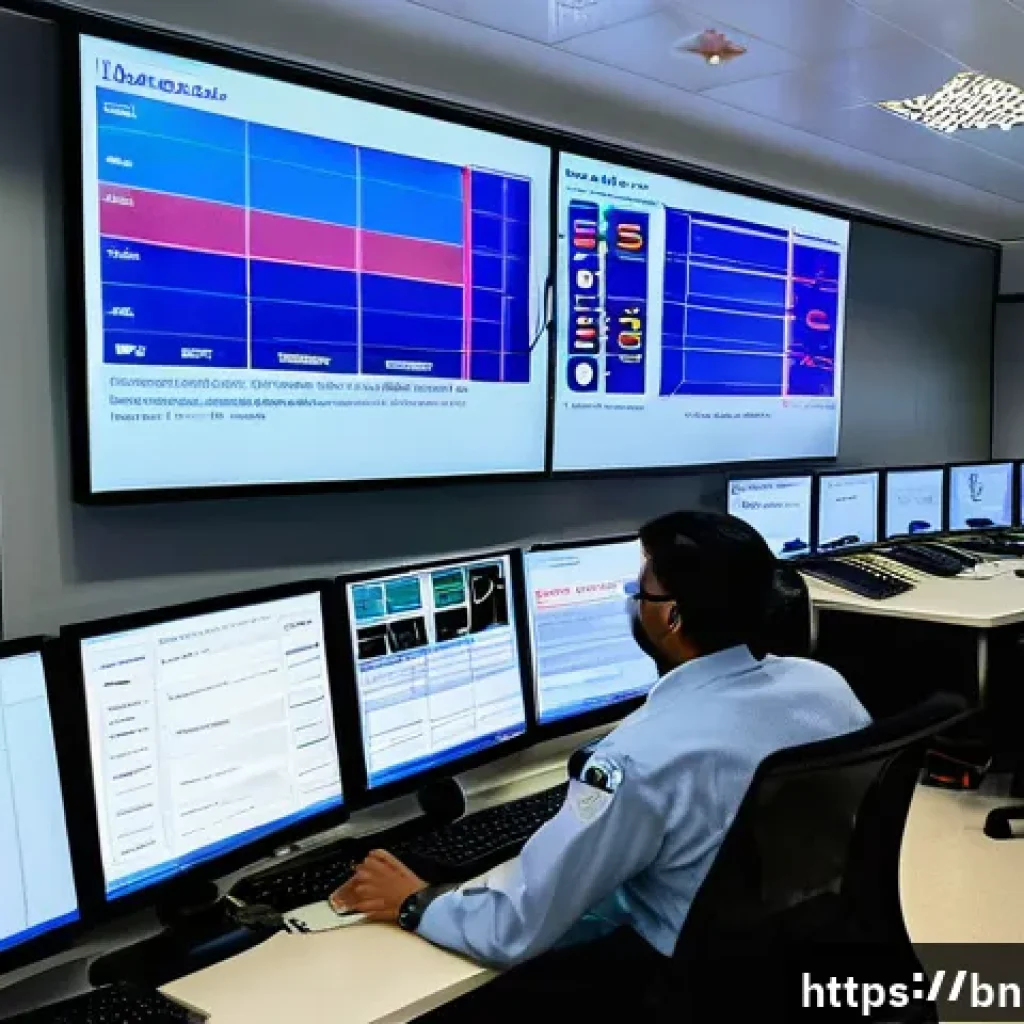 화재안전관리 실무자 필수 어플리케이션 - A high-tech fire safety control room with multiple digital screens displaying real-time data monitor...