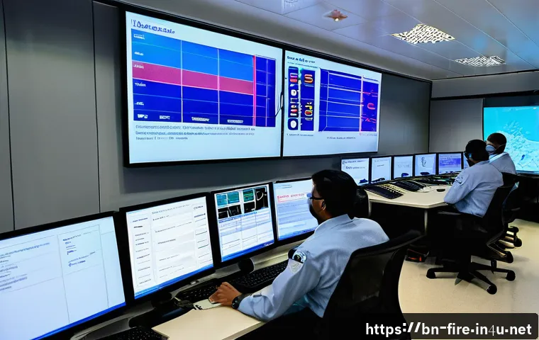 화재안전관리 실무자 필수 어플리케이션 - A high-tech fire safety control room with multiple digital screens displaying real-time data monitor...