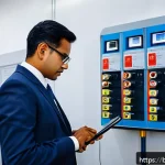 화재안전관리 직무에서의 목표 달성 전략 - A detailed scene of a modern office building fire risk inspection, featuring a professional safety i...