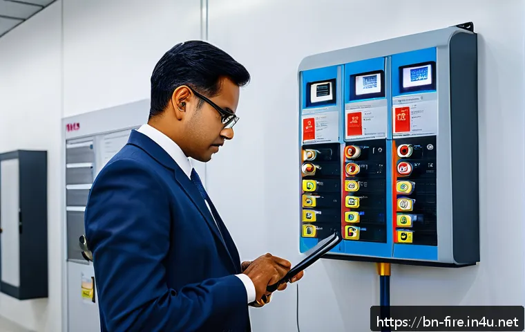 화재안전관리 직무에서의 목표 달성 전략 - A detailed scene of a modern office building fire risk inspection, featuring a professional safety i...