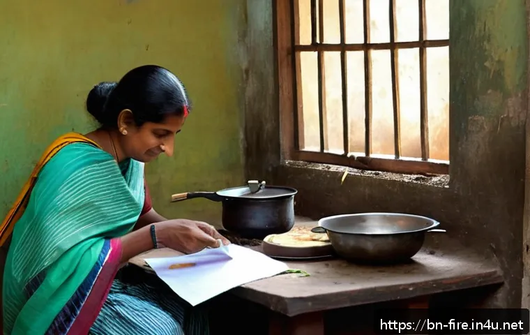 화재안전관리 실무에서의 문제 해결 전략 - A detailed domestic kitchen scene in a Bengali household, showing a woman cooking safely with a gas ...