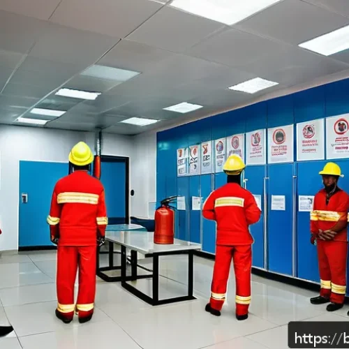 Home 32 화재안전관리기술자 관련 필수 법령 요약 - A detailed scene inside a modern Bangladeshi industrial workplace showcasing comprehensive fire safe...