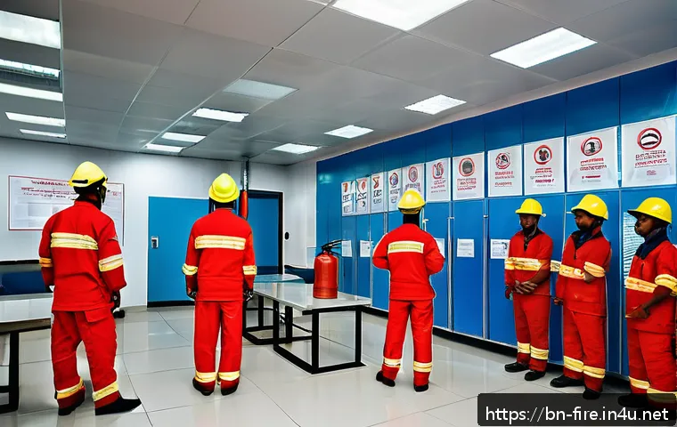 화재안전관리기술자 관련 필수 법령 요약 - A detailed scene inside a modern Bangladeshi industrial workplace showcasing comprehensive fire safe...