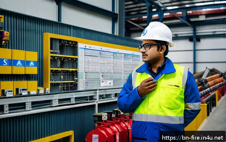 화재안전관리기술자의 경력 관리 전략 - A professional Bangladeshi fire safety engineer in a modern industrial factory setting, wearing a sa...