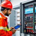Home 23 화재안전관리 기술자와 소방안전관리자의 차이 - A detailed professional scene showing a Bengali fire safety technician in modern industrial attire i...