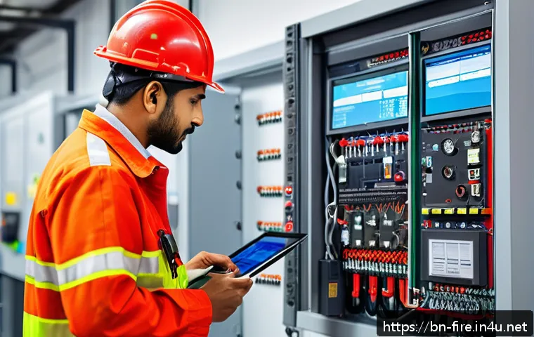 화재안전관리 기술자와 소방안전관리자의 차이 - A detailed professional scene showing a Bengali fire safety technician in modern industrial attire i...