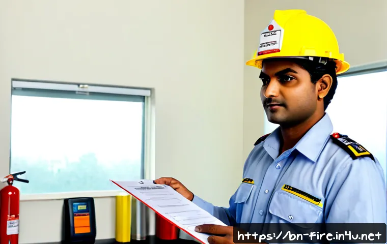 화재안전관리기술자의 연봉 대비 자격증 효용성 - Photorealistic South Asian fire safety technician in a clean modern office, wearing a neat safety un...