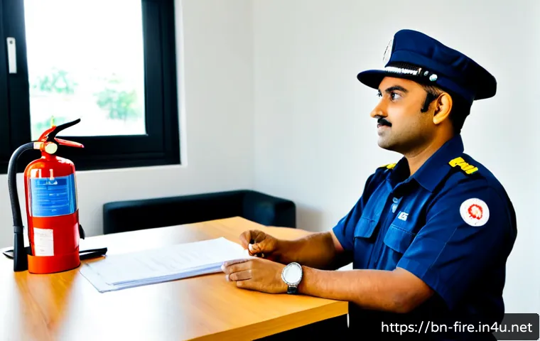 Home 17 화재안전관리 연봉 협상 전략 - Photorealistic South Asian fire safety manager in a neat navy work uniform and safety helmet, confid...